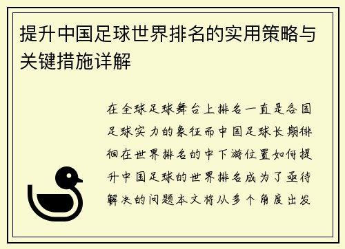 提升中国足球世界排名的实用策略与关键措施详解