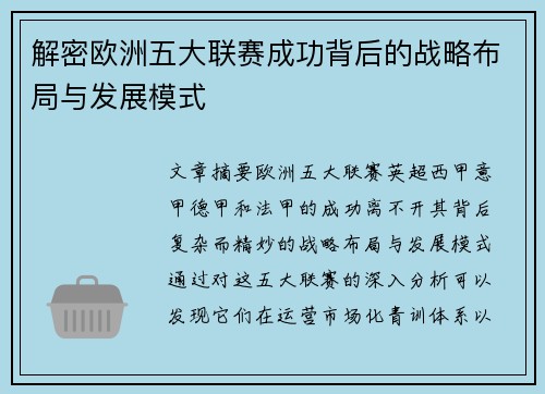 解密欧洲五大联赛成功背后的战略布局与发展模式